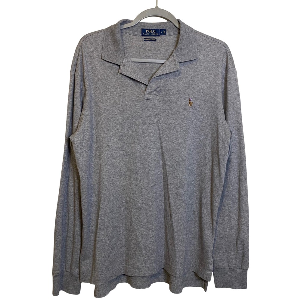 Polo Ralph Lauren Mens Gray Pima Soft Touch Long Sleeve Polo Shirt Size Large